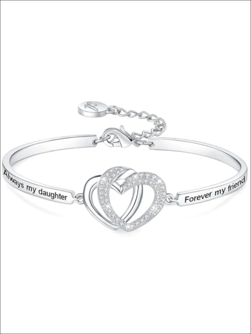 Engraved Heart Bangle Bracelet with Cubic Zirconia, Lobster Claw Closure
